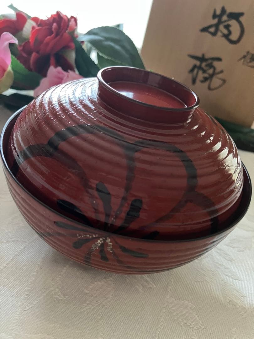 未使用❤️希少 アソベ光石謹製 朱色 梅柄蓋つき煮物椀5個 木箱付き