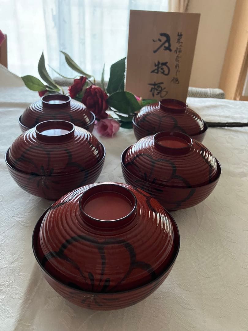 未使用❤️希少 アソベ光石謹製 朱色 梅柄蓋つき煮物椀5個 木箱付き
