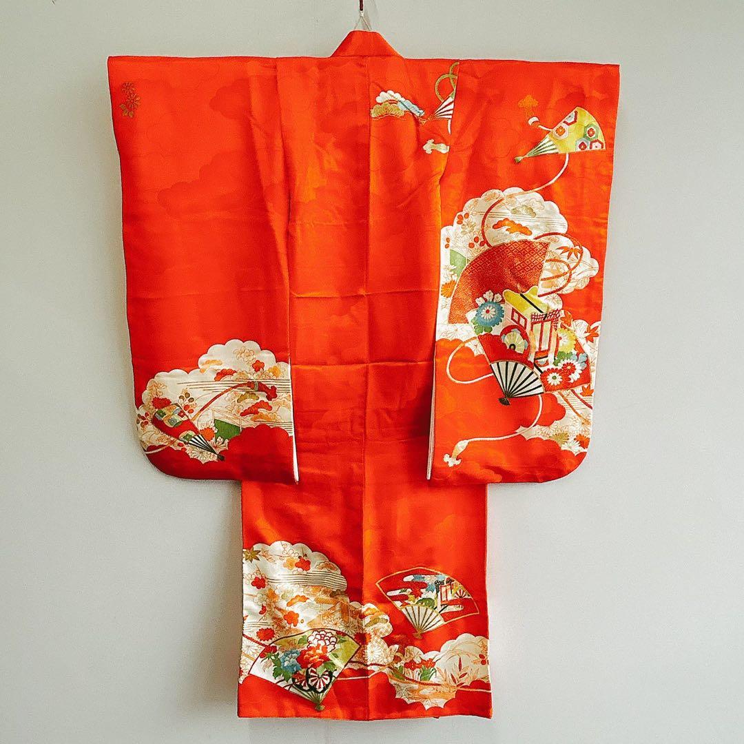 フルセット 七五三 7歳女の子 長着＆長襦袢＆帯＆小物オレンジ扇子御所車金糸地紋