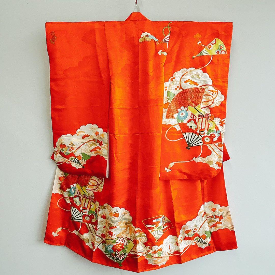 フルセット 七五三 7歳女の子 長着＆長襦袢＆帯＆小物オレンジ扇子御所車金糸地紋