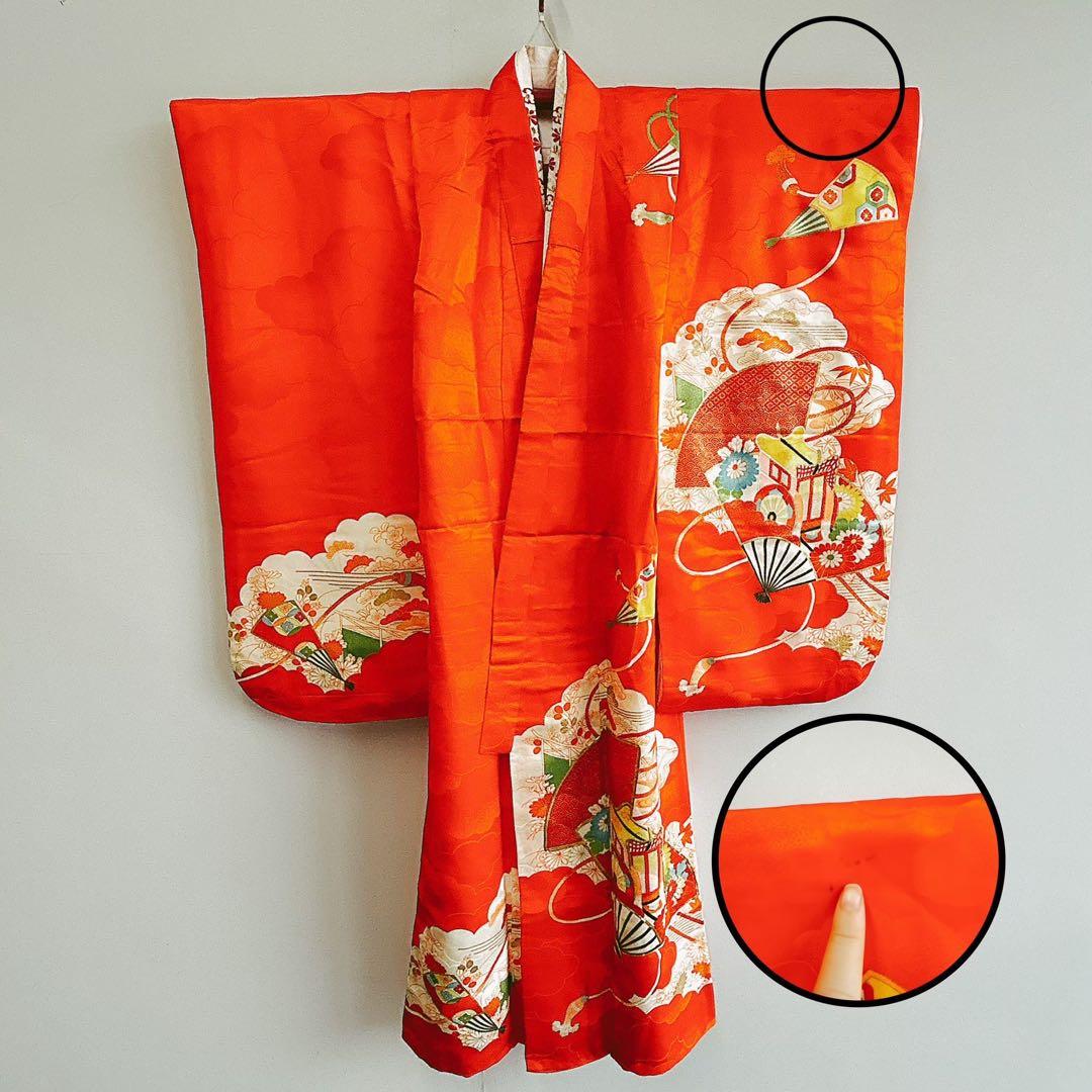 フルセット 七五三 7歳女の子 長着＆長襦袢＆帯＆小物オレンジ扇子御所車金糸地紋