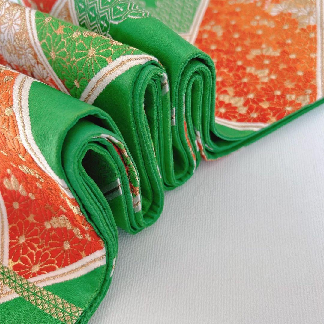 フルセット 七五三 7歳女の子 長着＆長襦袢＆帯＆小物オレンジ扇子御所車金糸地紋