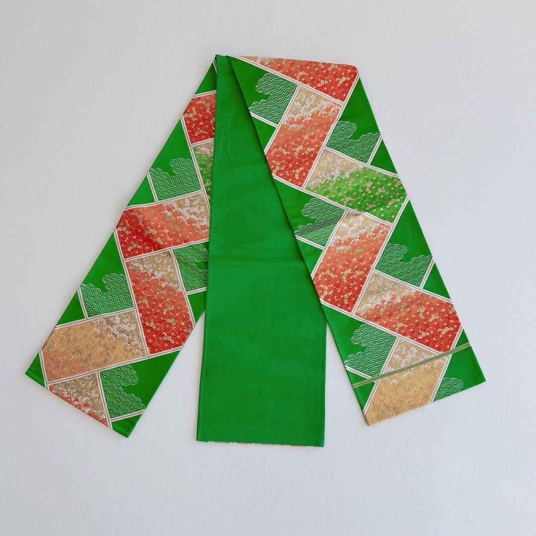 フルセット 七五三 7歳女の子 長着＆長襦袢＆帯＆小物オレンジ扇子御所車金糸地紋