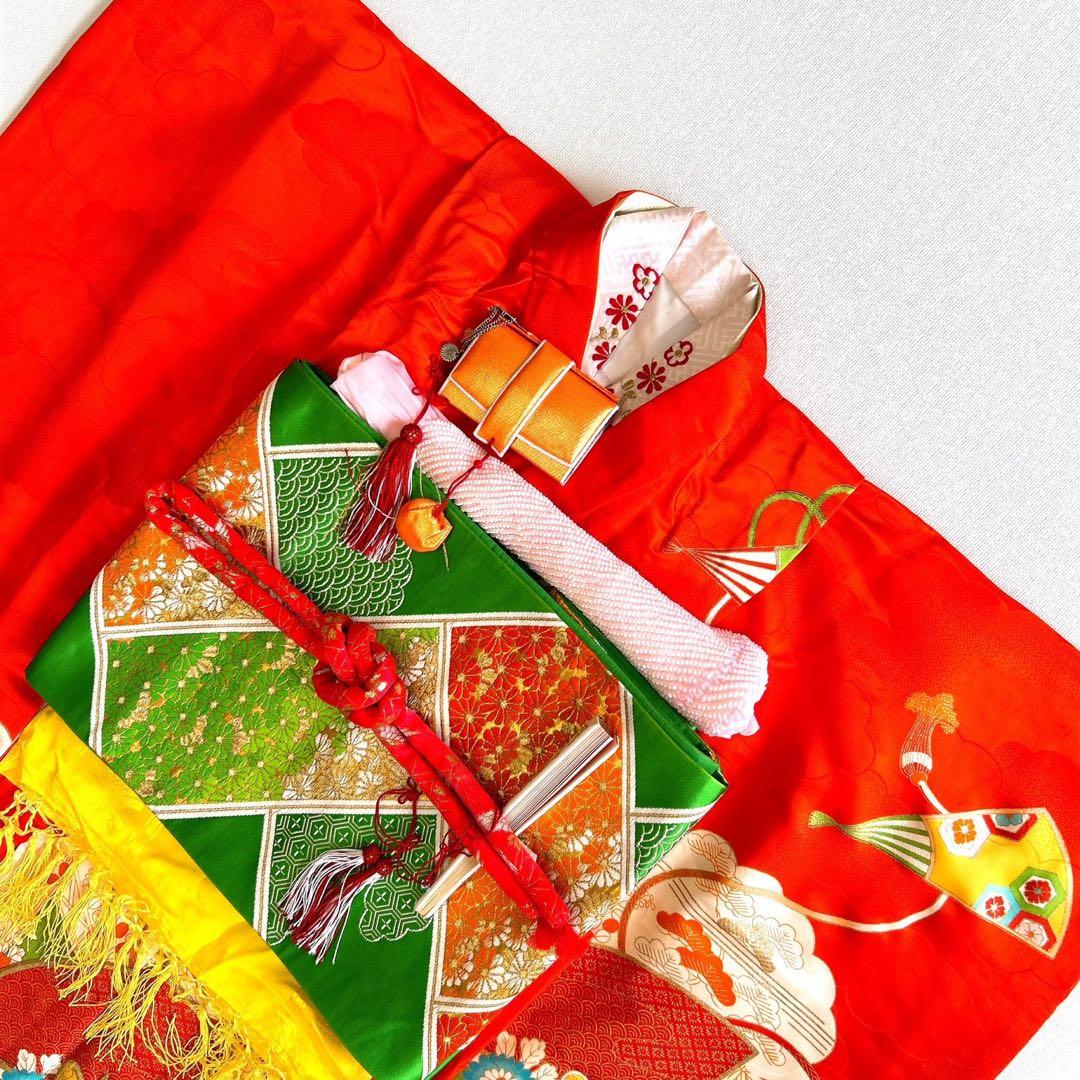 フルセット 七五三 7歳女の子 長着＆長襦袢＆帯＆小物オレンジ扇子御所車金糸地紋