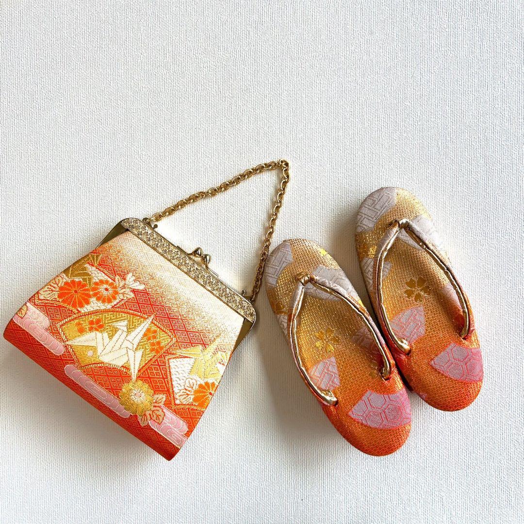 フルセット 七五三 7歳女の子 長着＆長襦袢＆帯＆小物オレンジ扇子御所車金糸地紋