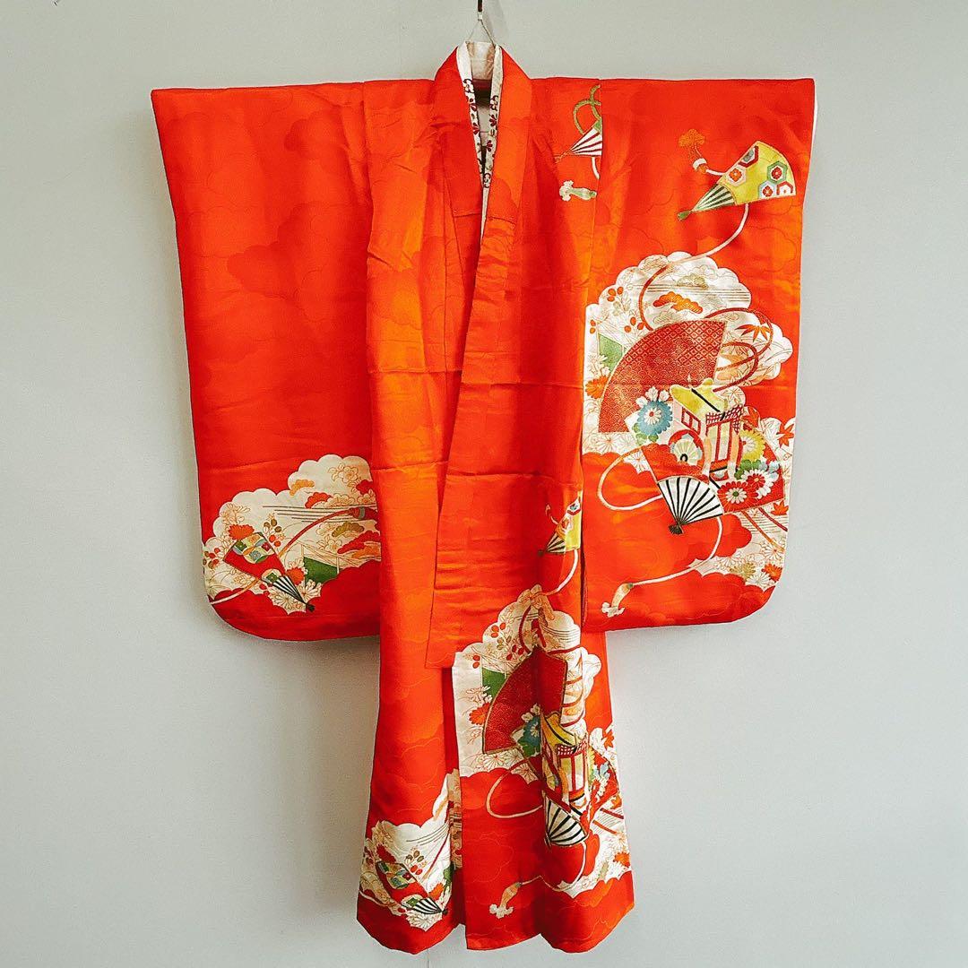 フルセット 七五三 7歳女の子 長着＆長襦袢＆帯＆小物オレンジ扇子御所車金糸地紋
