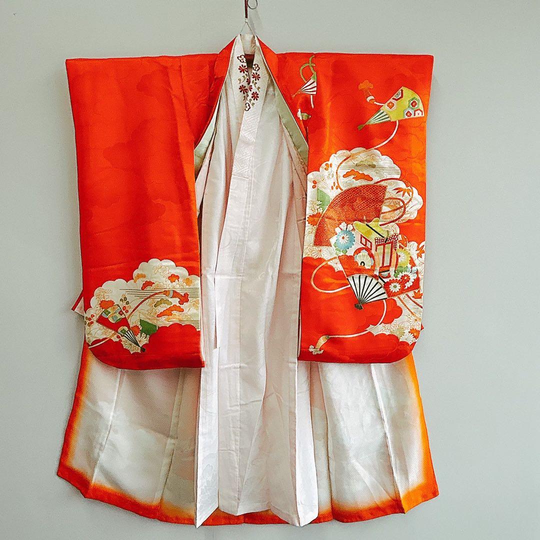 フルセット 七五三 7歳女の子 長着＆長襦袢＆帯＆小物オレンジ扇子御所車金糸地紋