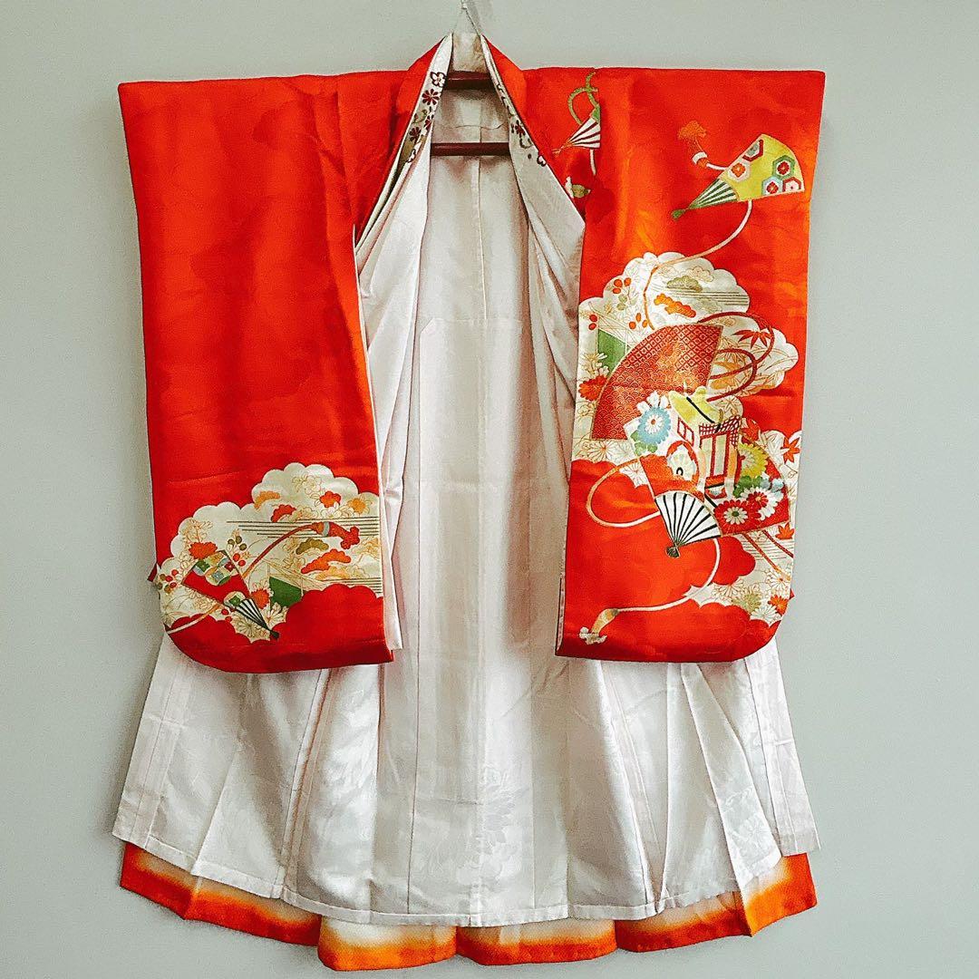 フルセット 七五三 7歳女の子 長着＆長襦袢＆帯＆小物オレンジ扇子御所車金糸地紋