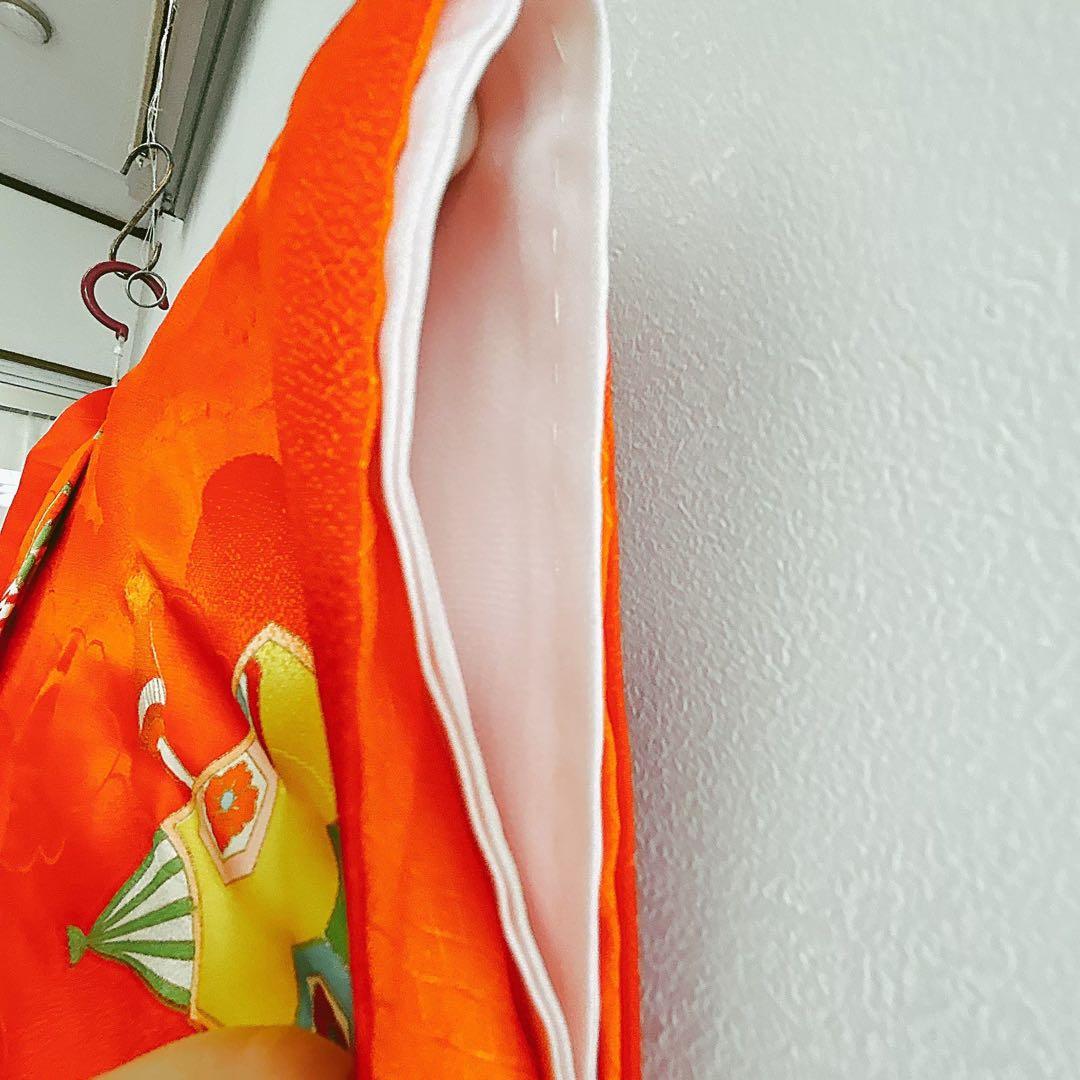 フルセット 七五三 7歳女の子 長着＆長襦袢＆帯＆小物オレンジ扇子御所車金糸地紋