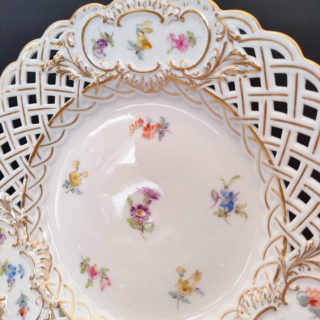 20.5㎝★マイセン 透かしプレート 美品 小花 フワラー 金彩 ピアスエッジ