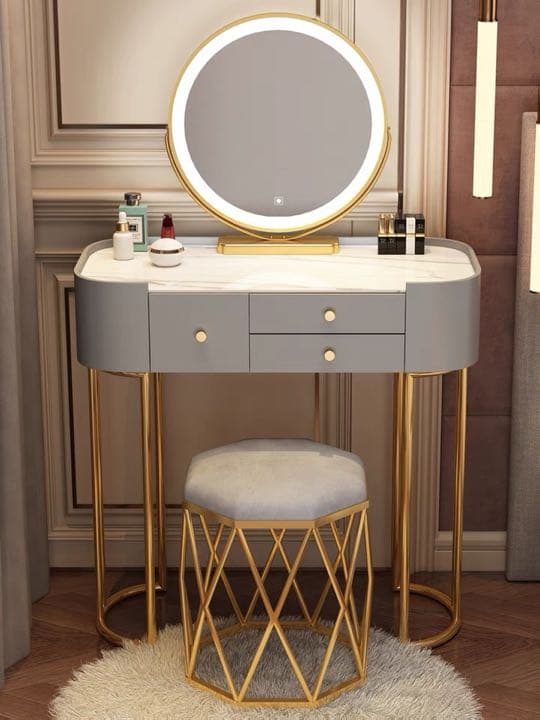 北欧風  グレー80cm オシャレドレッサーレザー調 大理石天板 LEDミラー