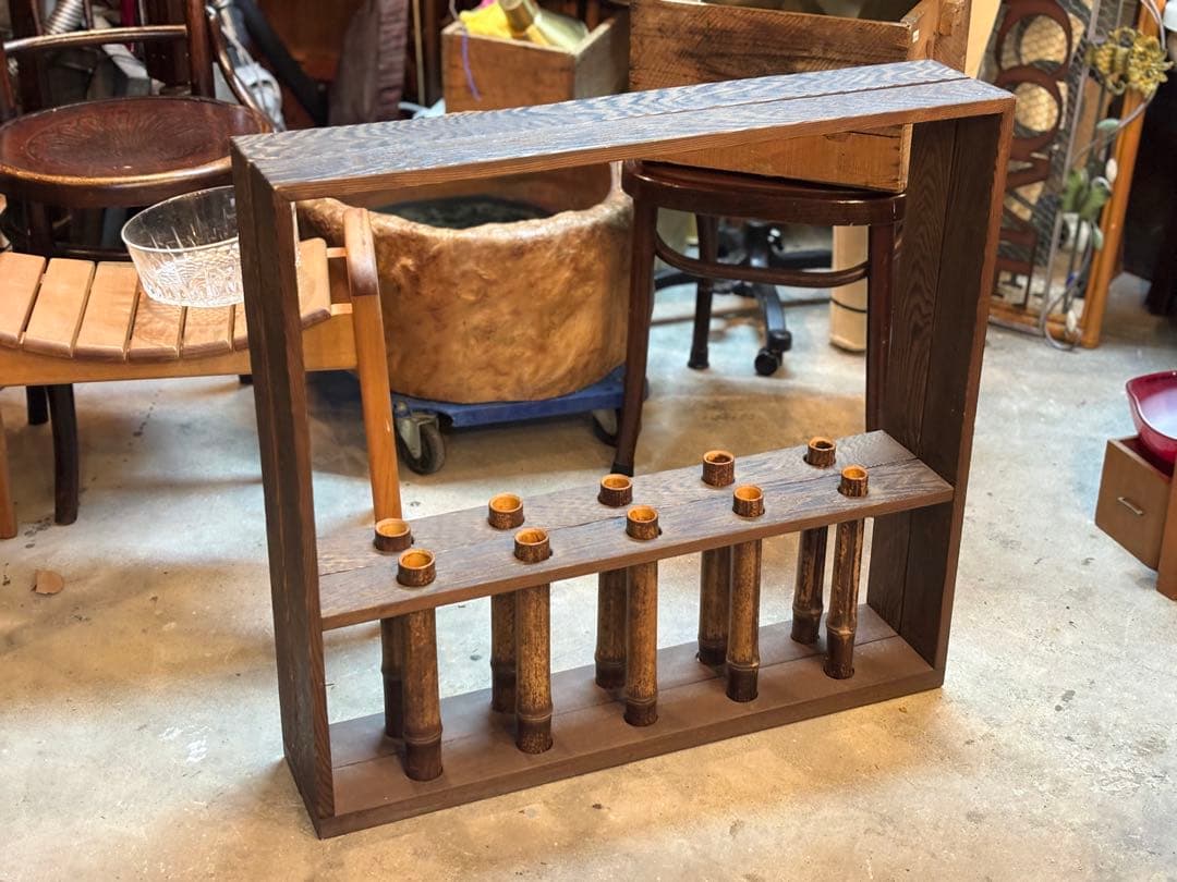 古い フラワースタンド 竹筒 木製枠 花器 花瓶