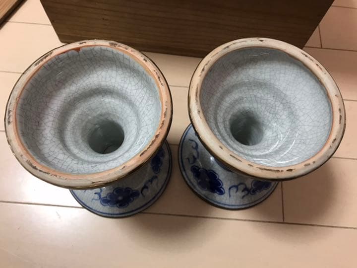 中国明時代　染付　蝋燭台一対　時代レトロ