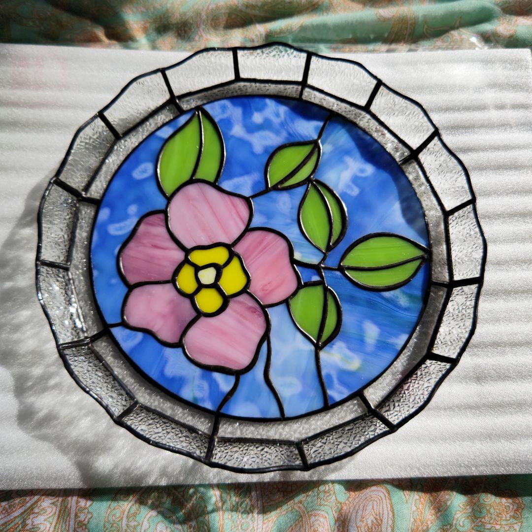 ハンドメイド ステンドグラス 円形フラワー インテリア