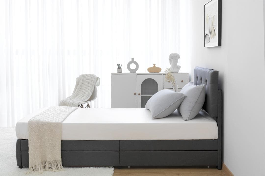 D・ダブル 北欧風 布貼りベッド 木製 アイアン 大人用【ダークグレー】