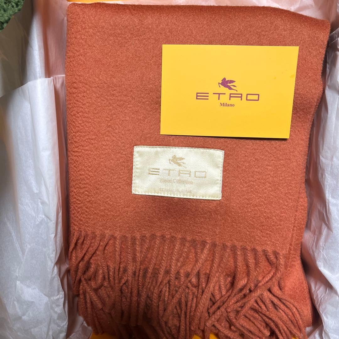 ETRO オレンジ ウール ストール フリンジ付き