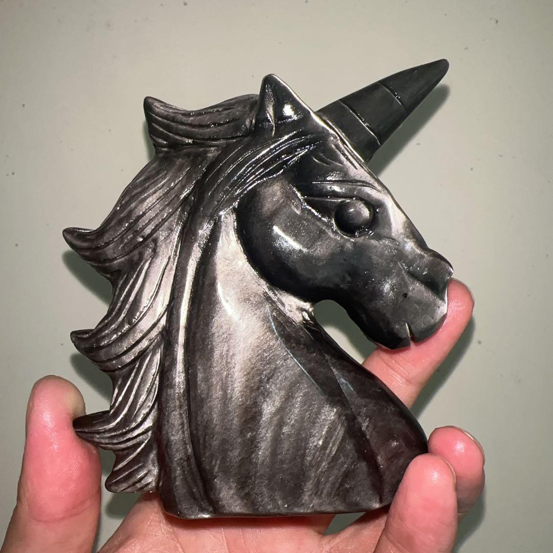 天然石 オブシデイアンのユニコーン　置物　彫り物F.74