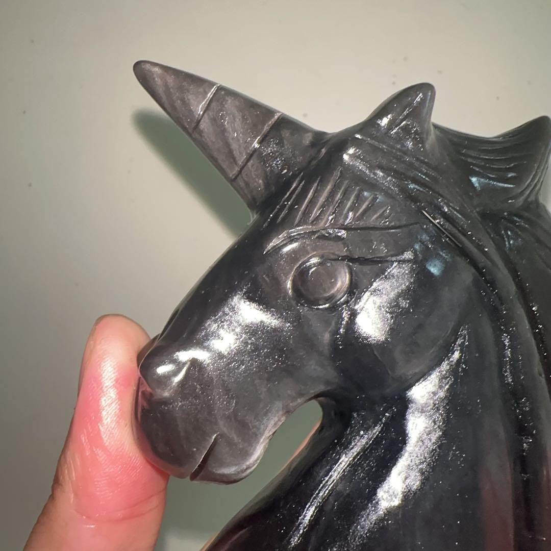 天然石 オブシデイアンのユニコーン　置物　彫り物F.74