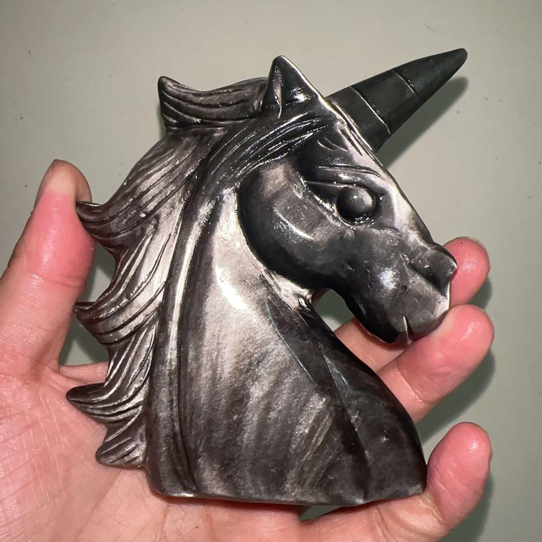 天然石 オブシデイアンのユニコーン　置物　彫り物F.74