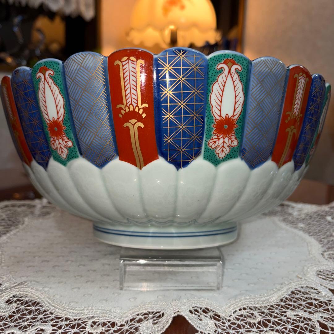 林九郎　染錦地紋　菊割　古伊万里　特大　大鉢　盛鉢　未使用