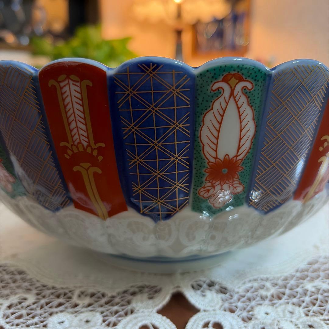 林九郎　染錦地紋　菊割　古伊万里　特大　大鉢　盛鉢　未使用