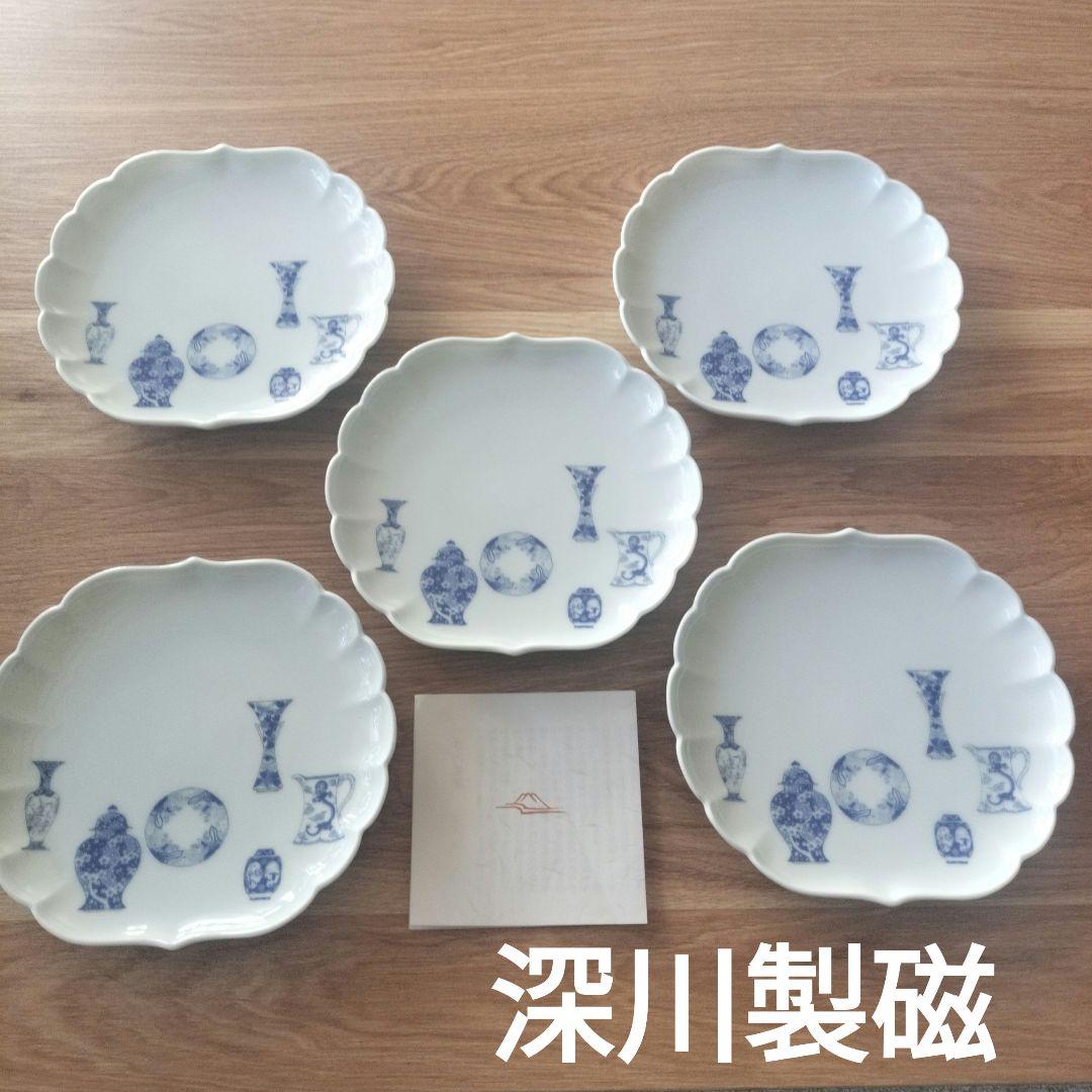 たこやき◆未使用◆深川製磁 ブルーチャイナ 菊中 フリル 銘々皿 5枚揃