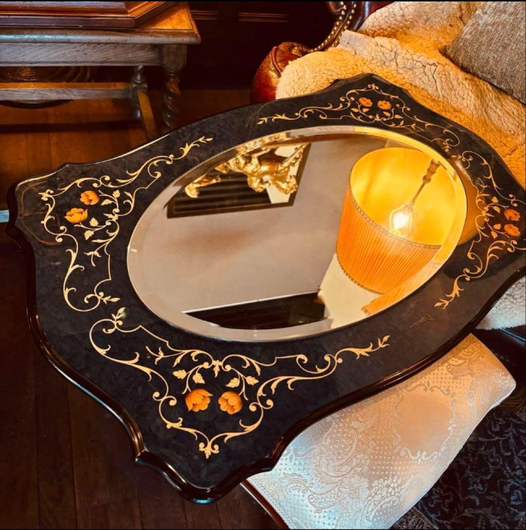 湯布院アンティーク イタリア ドマン ウォールミラー ブルー 大型鏡象嵌 ウッド