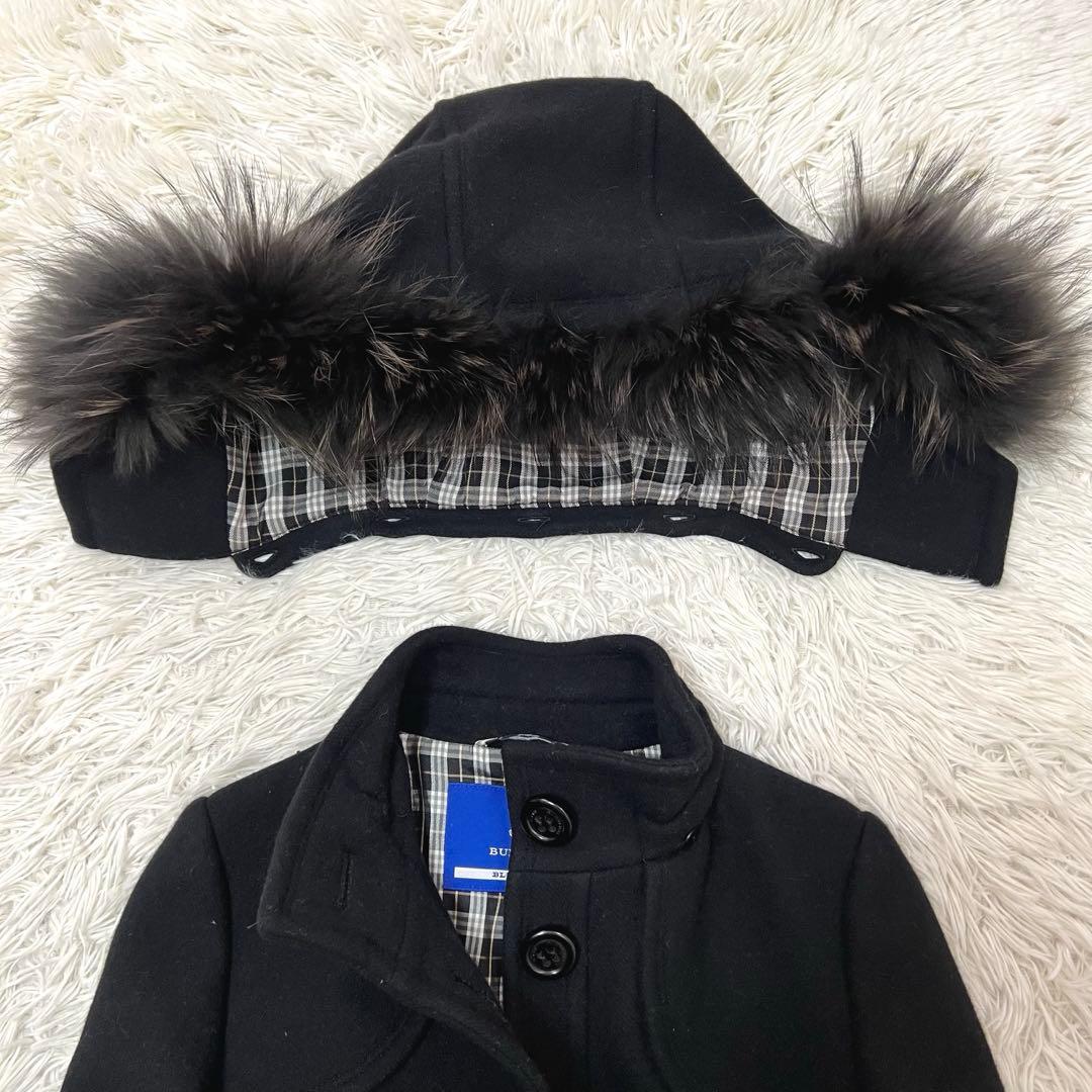 バーバリーブルーレーベル アンゴラウールコート ラクーンファー フード ベルトM