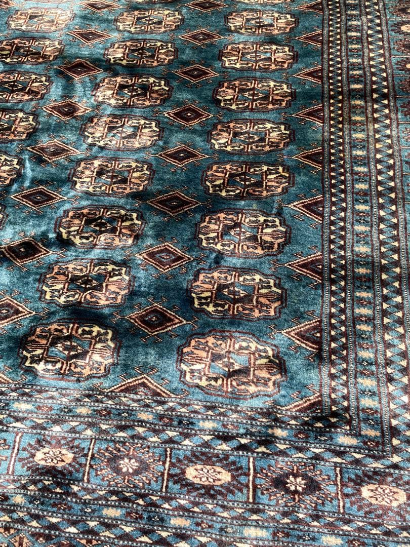 青色と茶色の幾何学模様のラグ 絨毯 ヴィンテージ