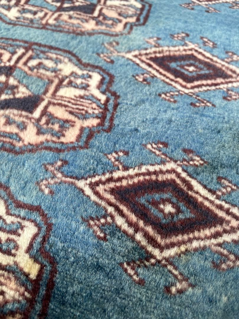 青色と茶色の幾何学模様のラグ 絨毯 ヴィンテージ
