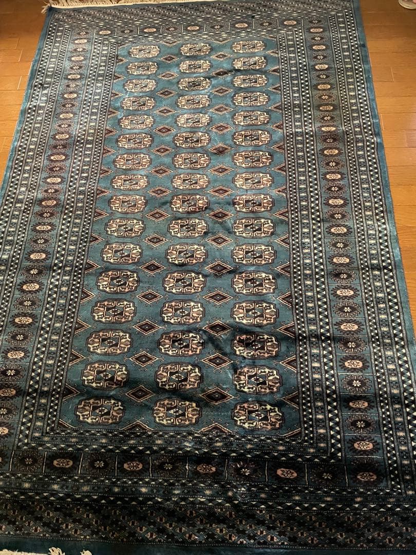 青色と茶色の幾何学模様のラグ 絨毯 ヴィンテージ