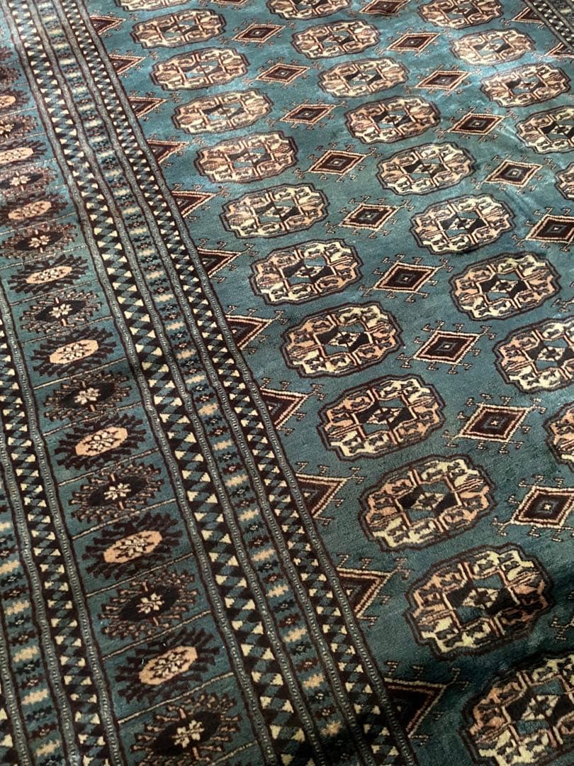 青色と茶色の幾何学模様のラグ 絨毯 ヴィンテージ