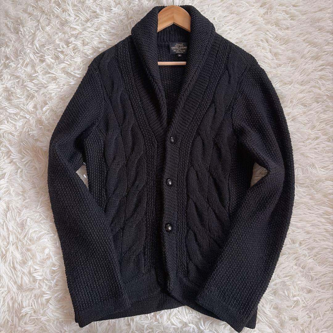 ショールカラー✨ユナイテッドアローズ ケーブルニット ウールリネン くるみボタン