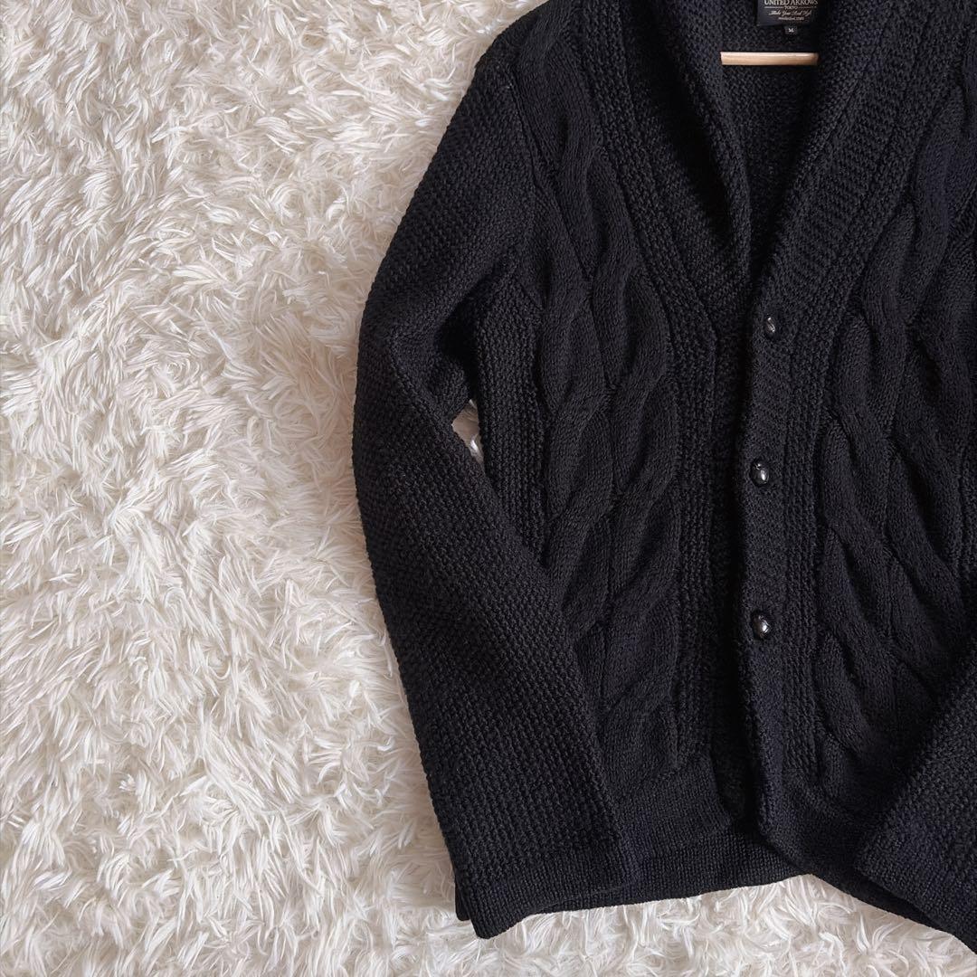 ショールカラー✨ユナイテッドアローズ ケーブルニット ウールリネン くるみボタン