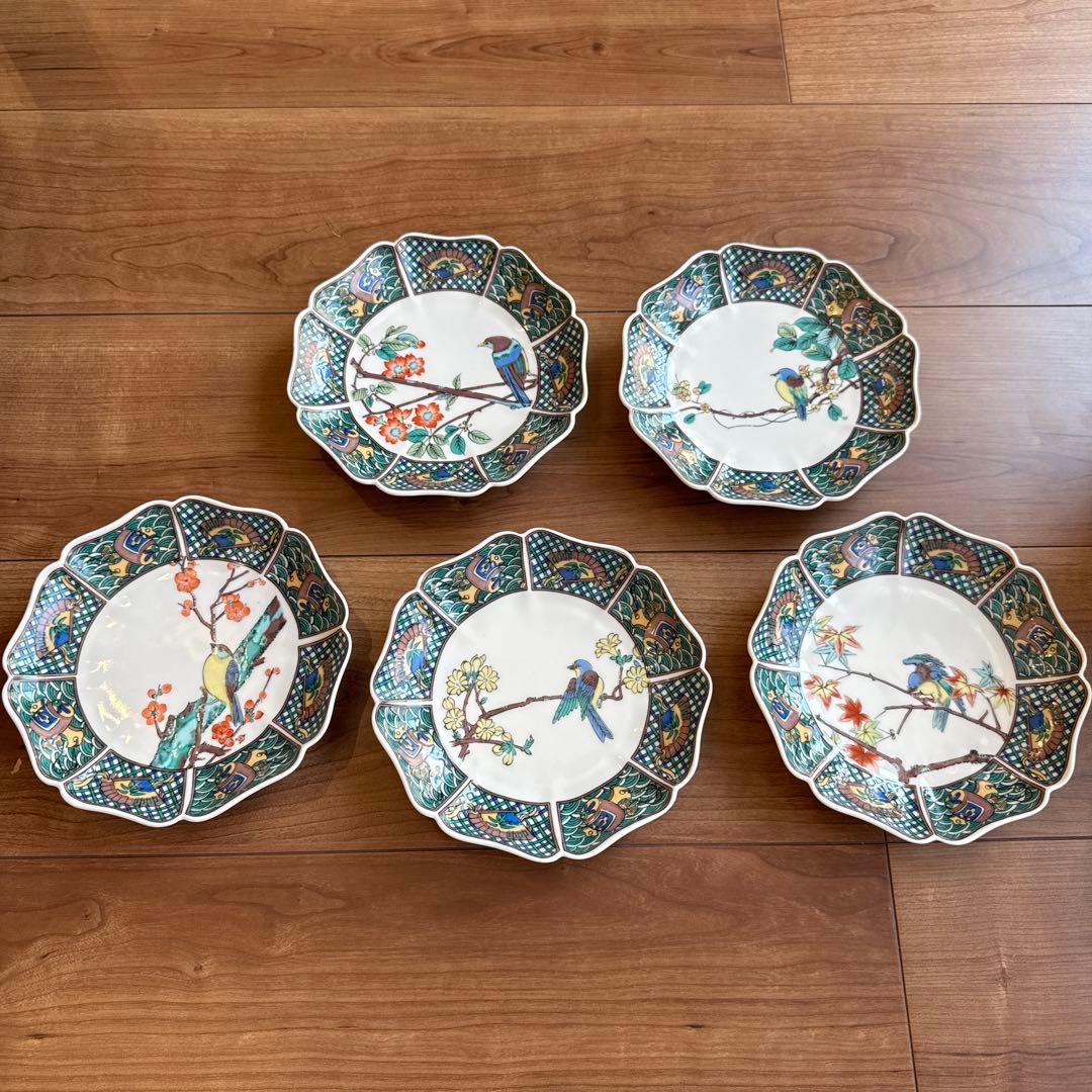 九谷仙春　5.5号皿揃（八角皿5枚セット）花鳥絵変り
