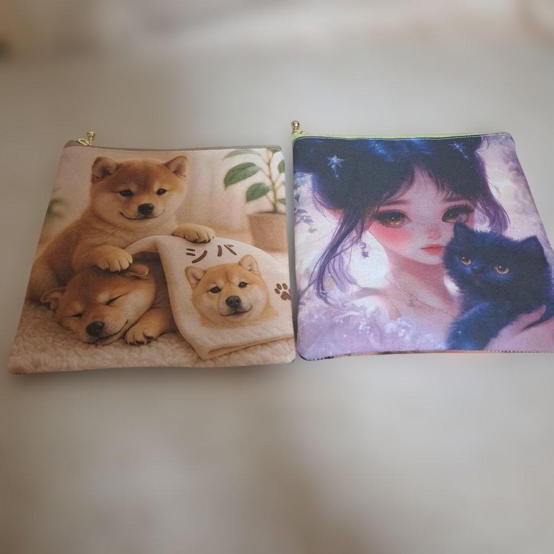 激レアねこパネル生地　ハンドメイド　ミニバック　まちなしバッグ　ポーチ