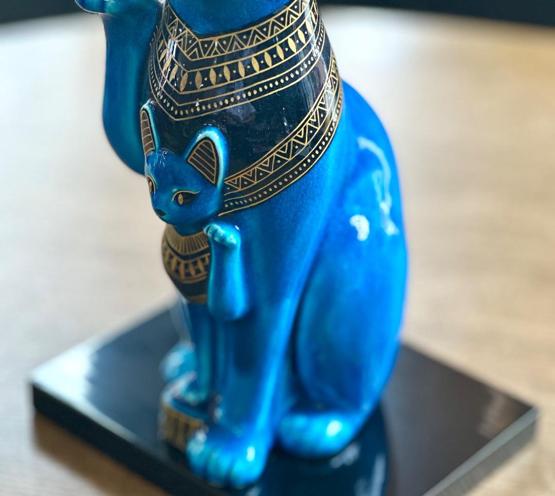 再値下げ　新品　青釉 オーナメント バステト 青釉金彩　親子　古代 エジプト神話