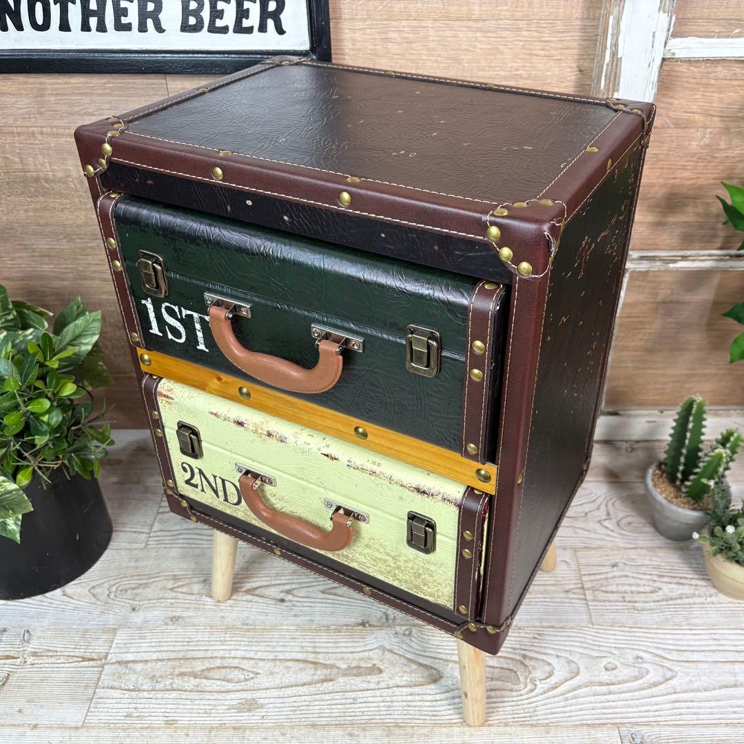 アンティーク調レザートランクチェスト二段脚付（41㎝×60㎝）洋タンス木製飾り棚