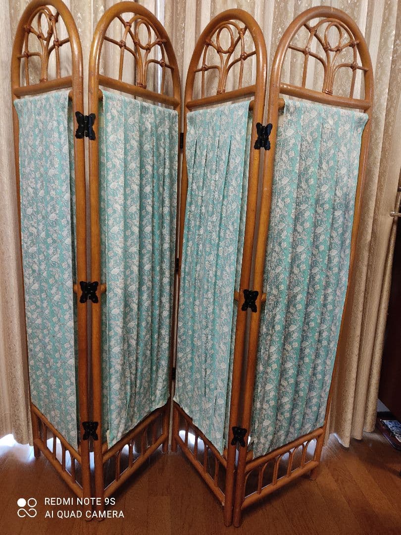 パーティション　衝立　　ラタン ぬく家具　籐　竹　バスケット　レース　刺繍