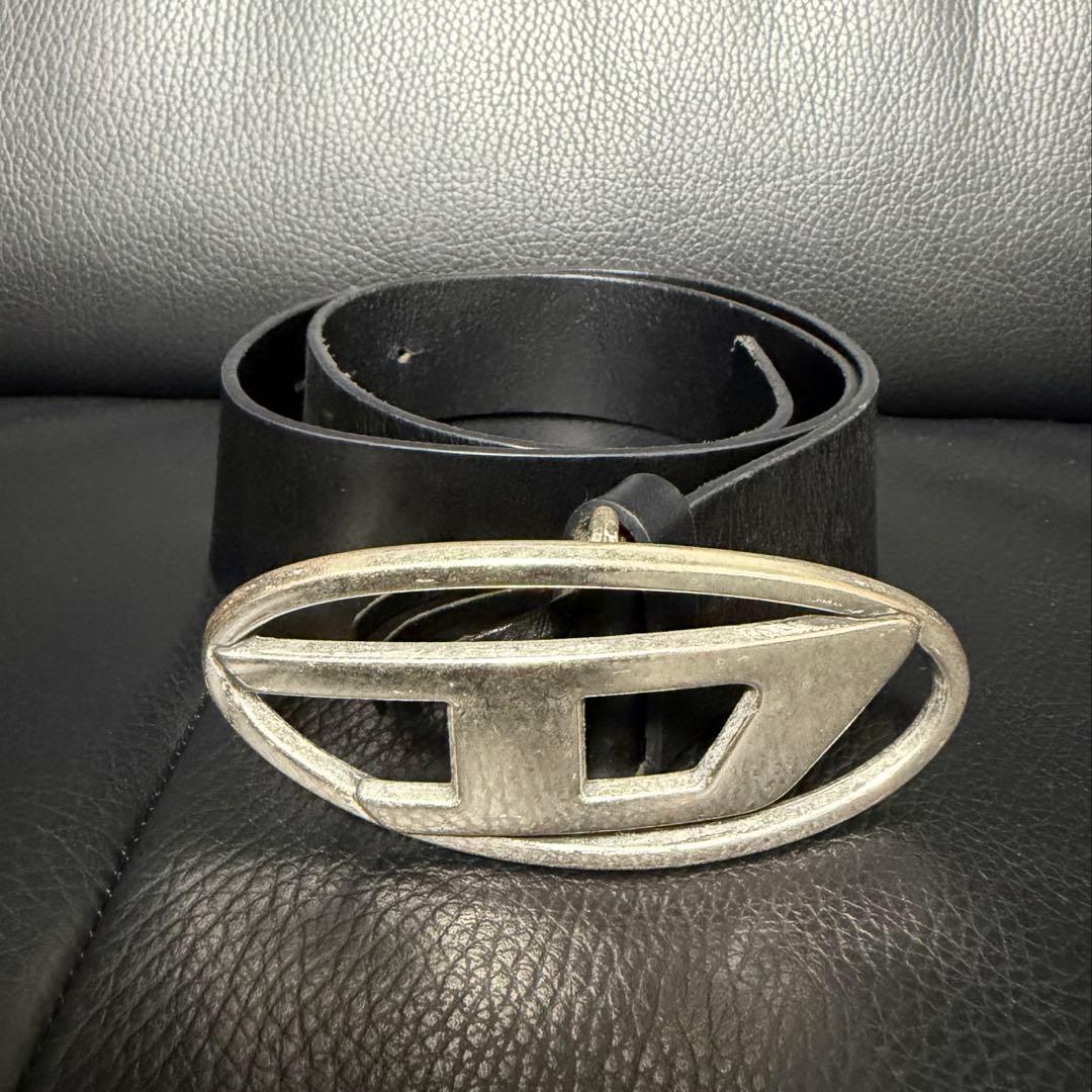 DIESEL ブラックレザー ベルト オーバルバックル　75/30