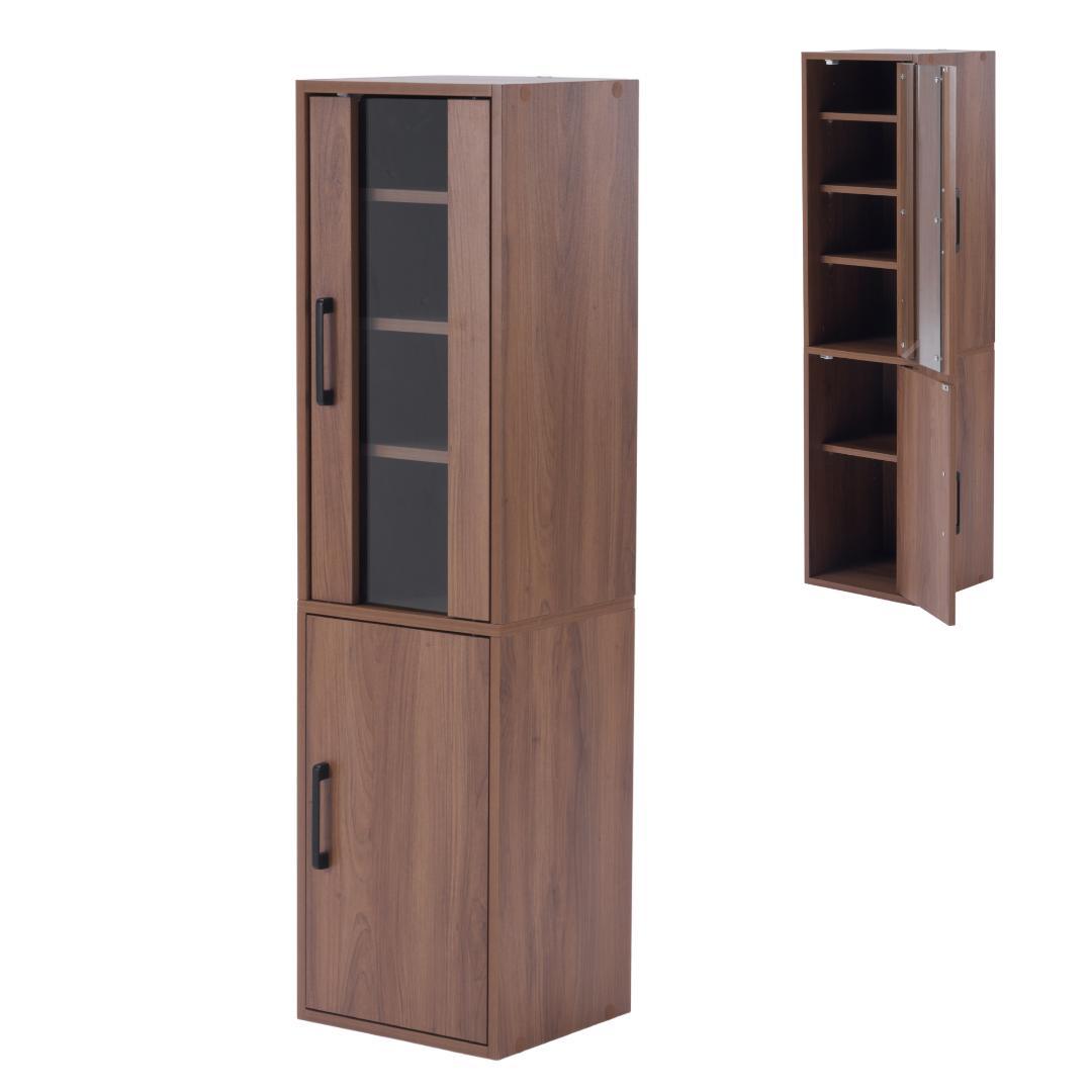 ブラウン 食器棚 収納付き 高さ120㎝ コンパクト カップボード 飾り棚/扉付