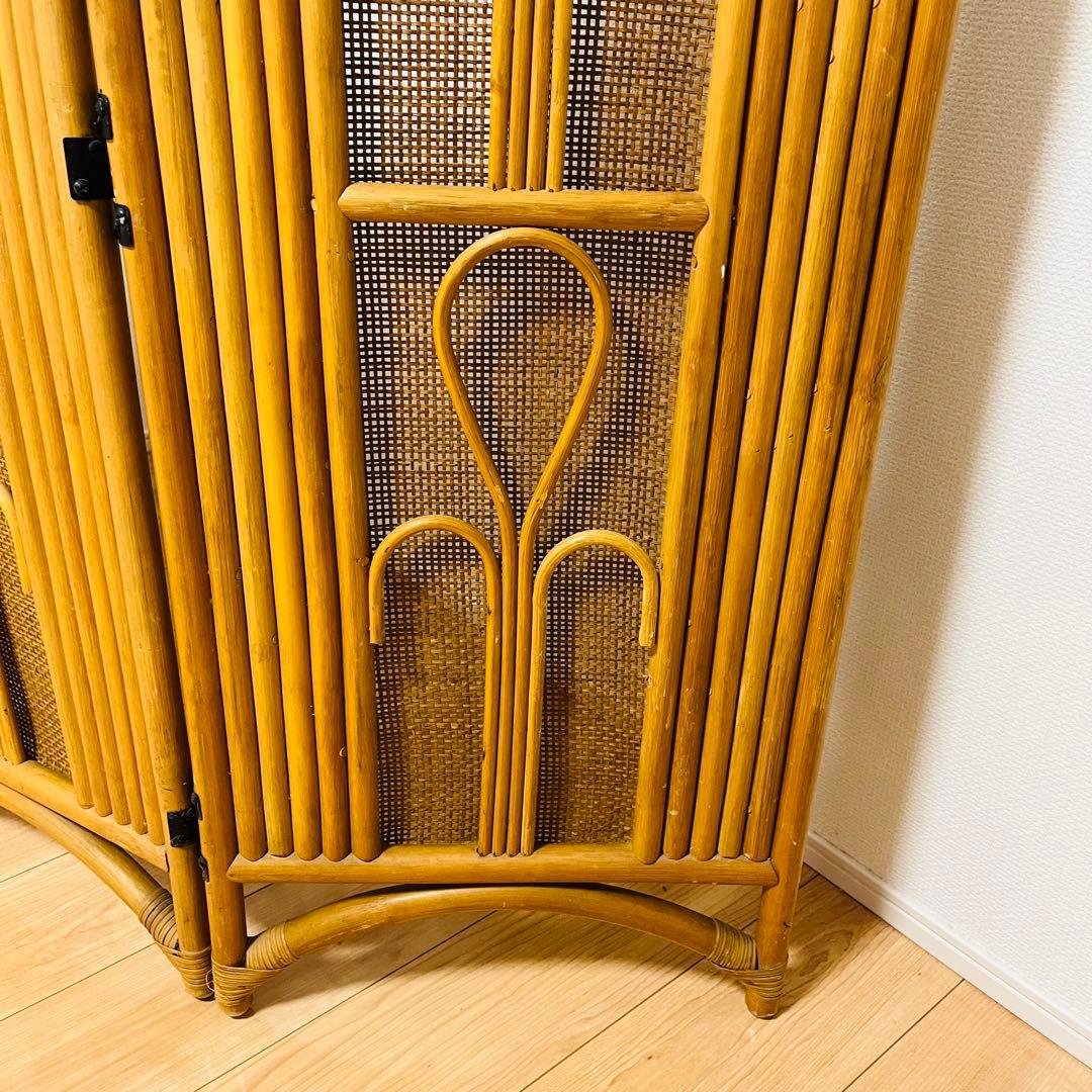 昭和レトロ エスニック 4連衝立 ラタンパーテーション 間仕切り パーティション