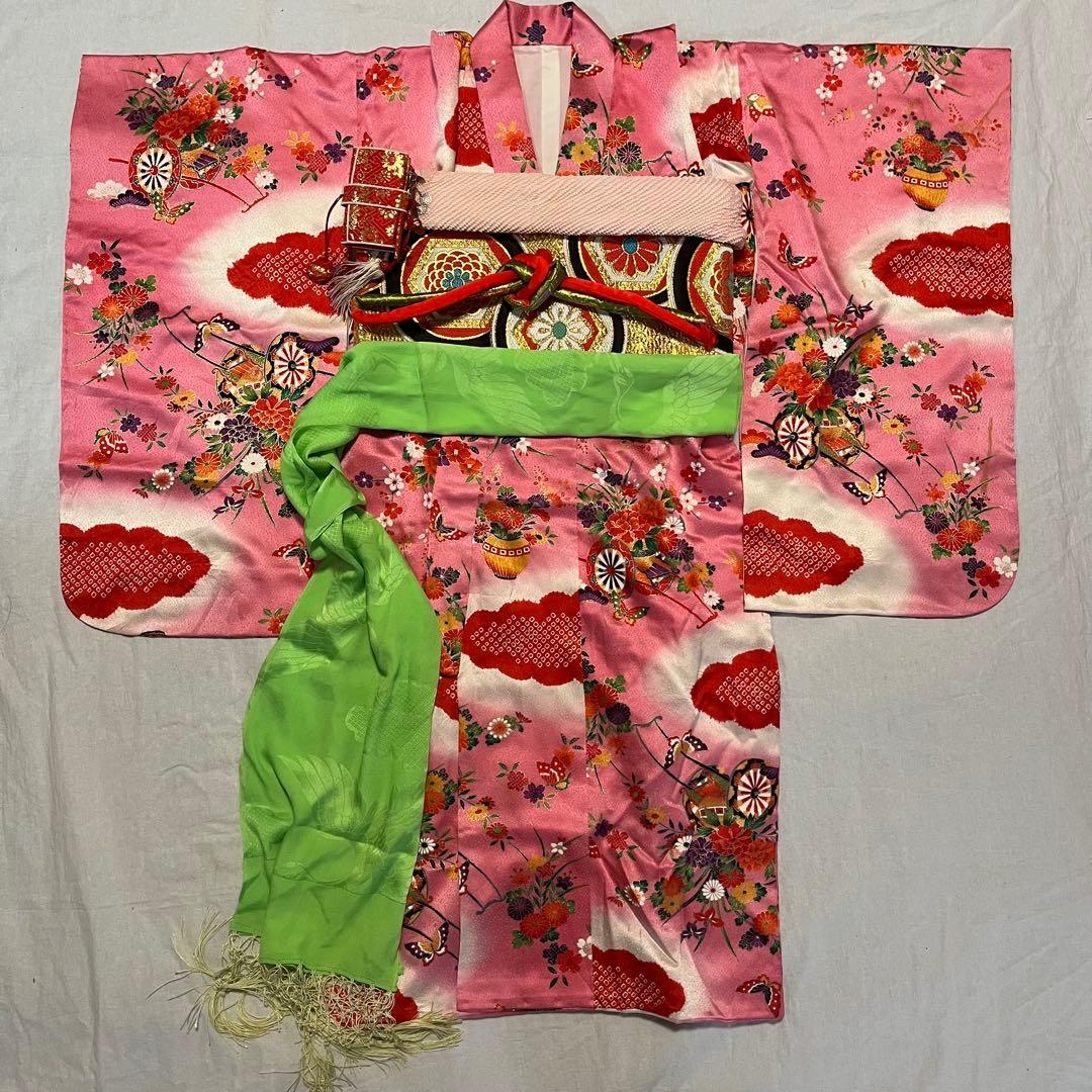 七五三　7歳　ピンク　アンティーク　着物セット　正絹