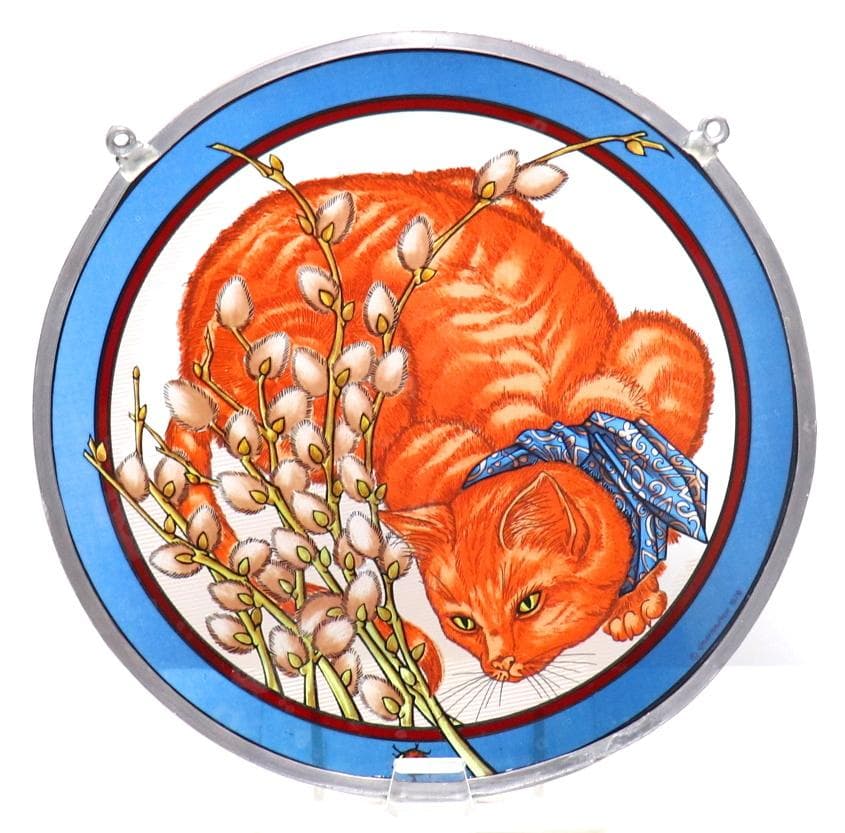 てんとう虫を見つめる猫 大型 丸型 ヴィンテージ ステンドグラスキャット