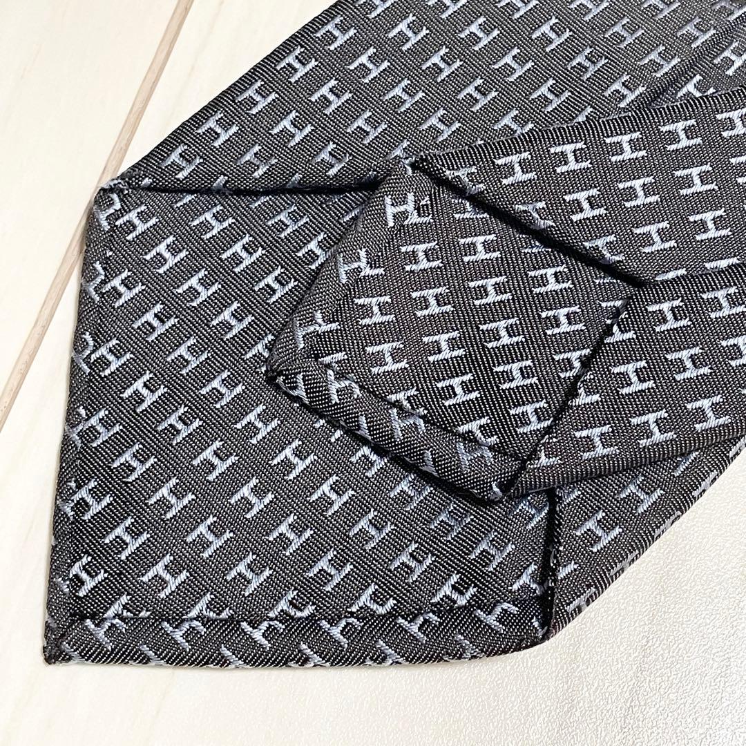 HERMES　エルメス　ネクタイ　ファソネ　総H柄 H織　ブルー　グレー　シルク