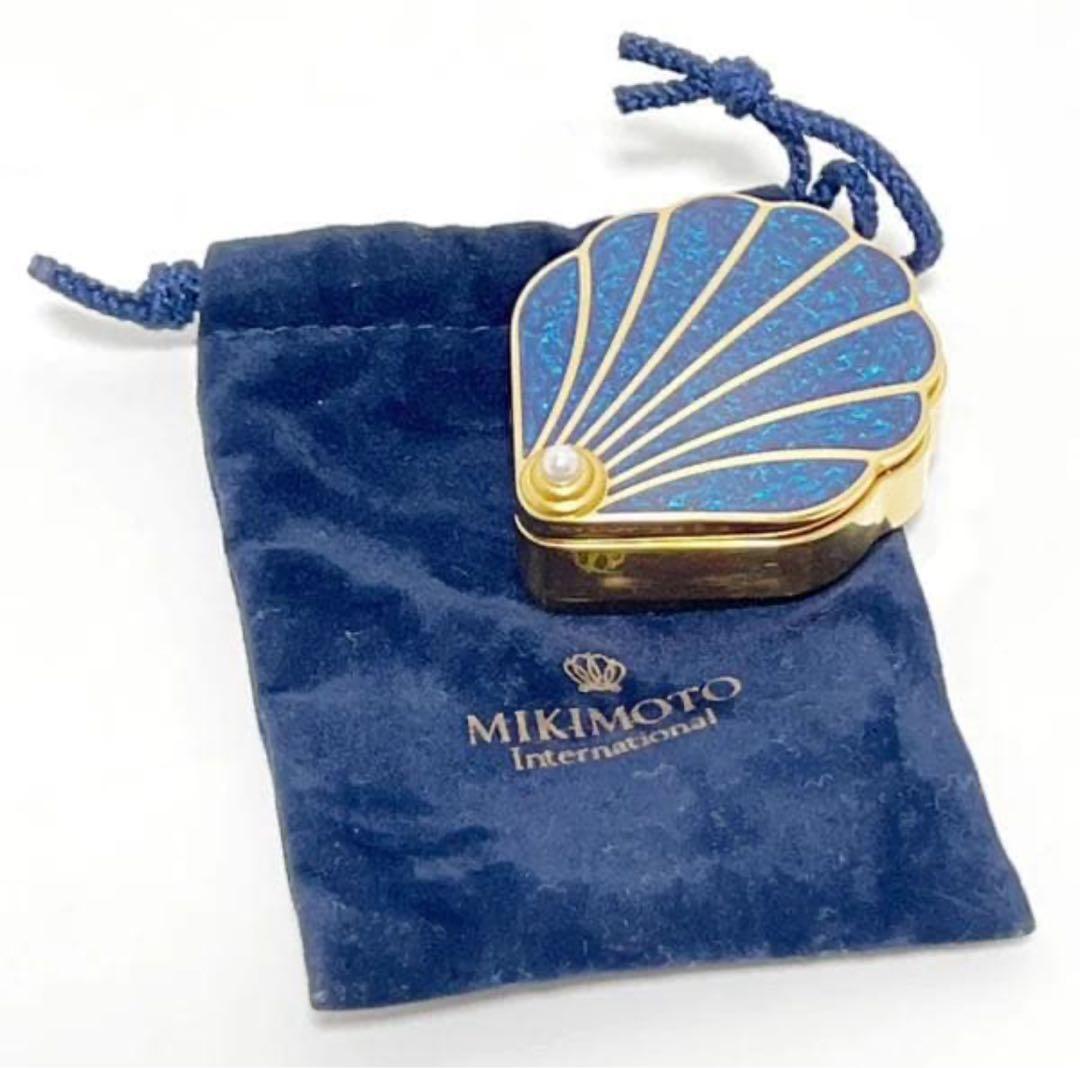 【美品】◆MiKIMOTO◆ミキモト 手持ち時計 ブルー ゴールド 真珠付 貝型