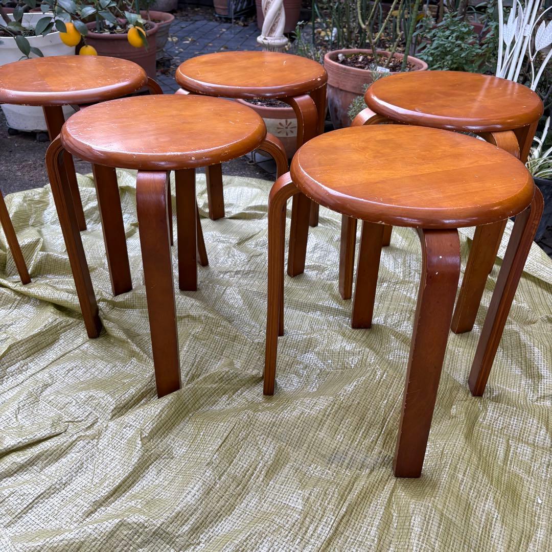 丸椅子 レトロ 5脚セット 木製 スツール シンプル チェア　アンティーク