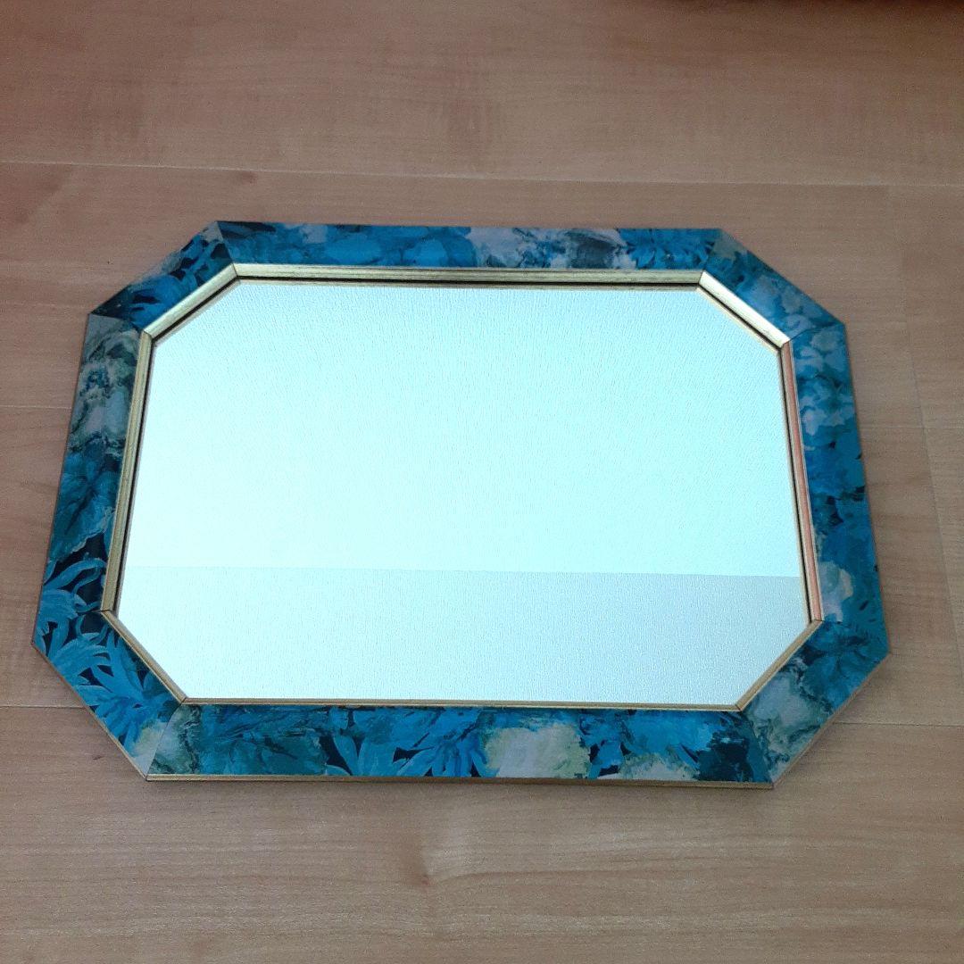 青と金の八角形壁掛け鏡　アンティーク