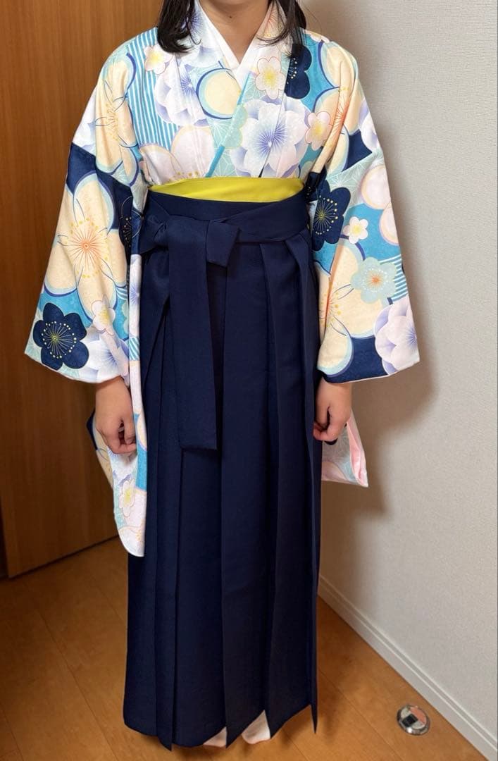 美品 卒業式 袴セット ブーツ 髪飾り 160 ブルー 花柄 小学生 簡単　人気