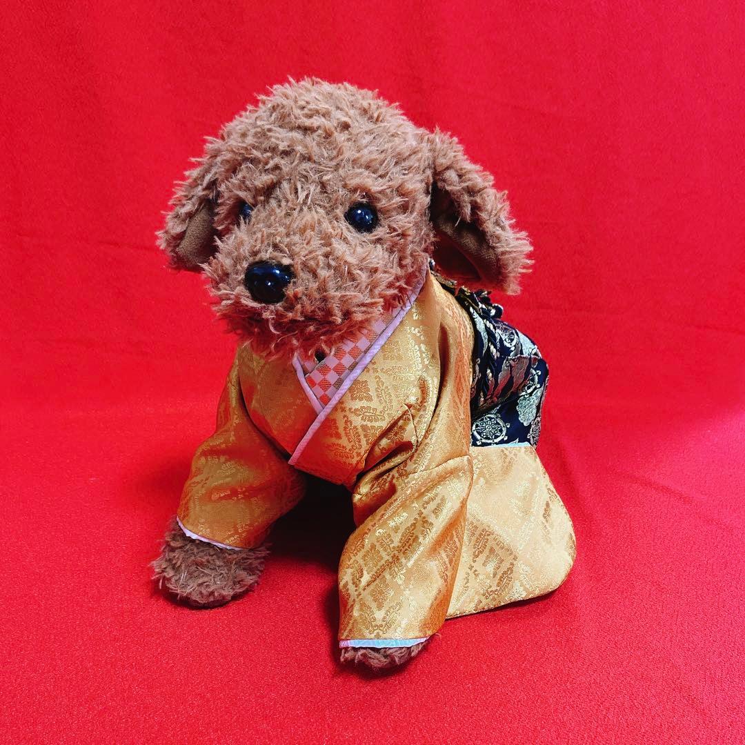 犬の袴✨本格着物&袴セット 西陣織金襴 和宝 金茶×黒 M 犬服